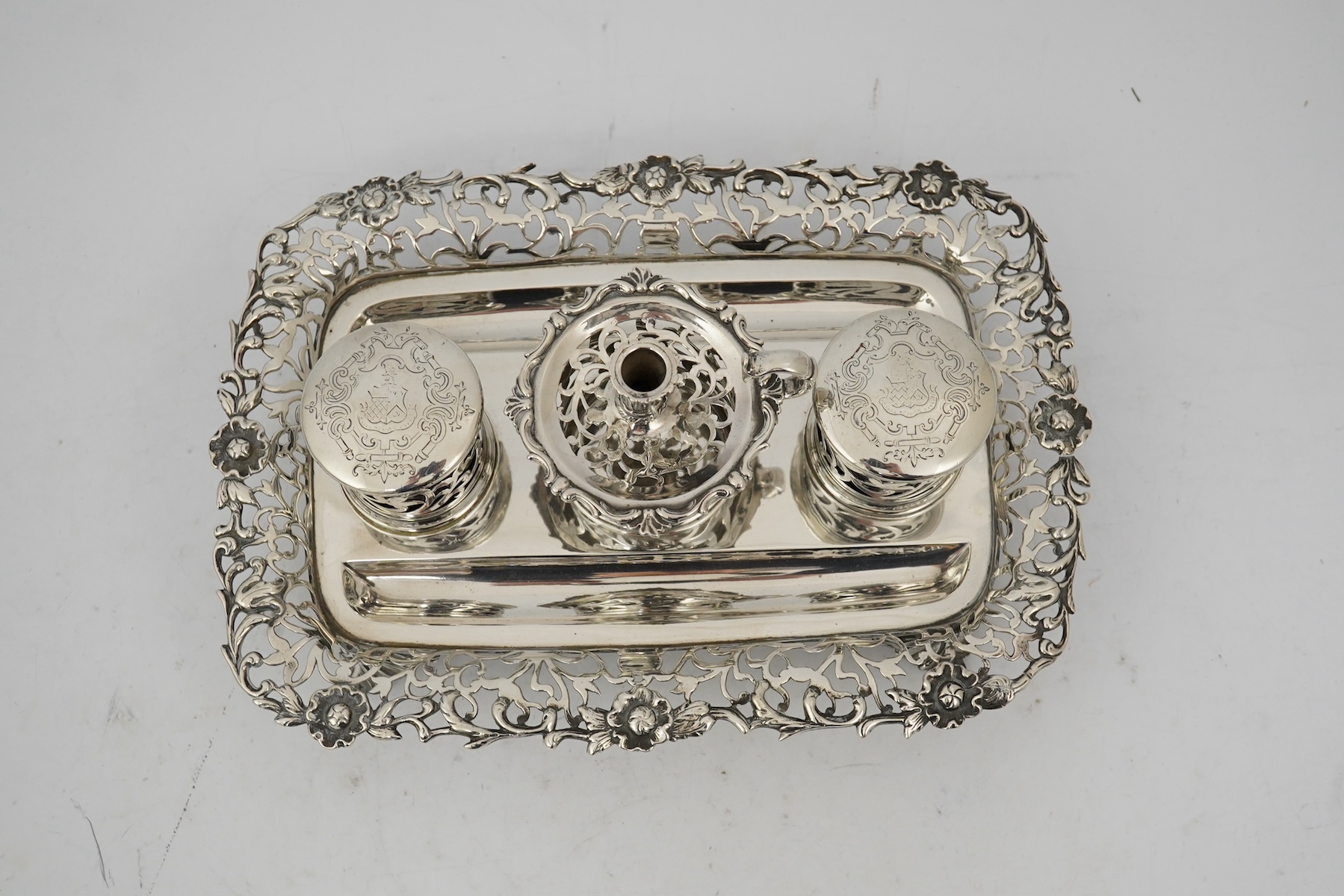 An early Victorian silver rounded rectangular inkstand, by Joseph Angell I and Joseph Angell II